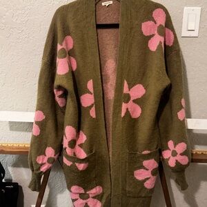 JODIFL Green Cardigan with Pink Floral Design